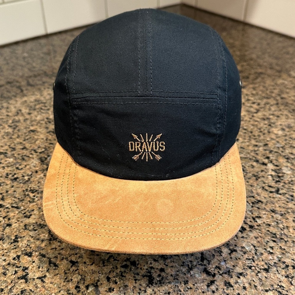 DRAVUS 5 Panel Camp Hat Men's Adjustable Strapback Black Suede Brim Streetwear